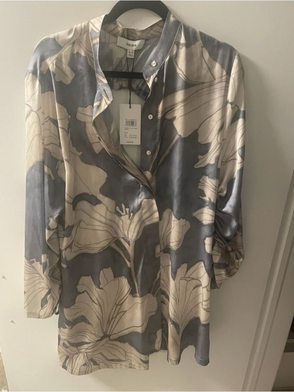 Reiss Satin Button-Up Blouse in Gray and Cream Floral